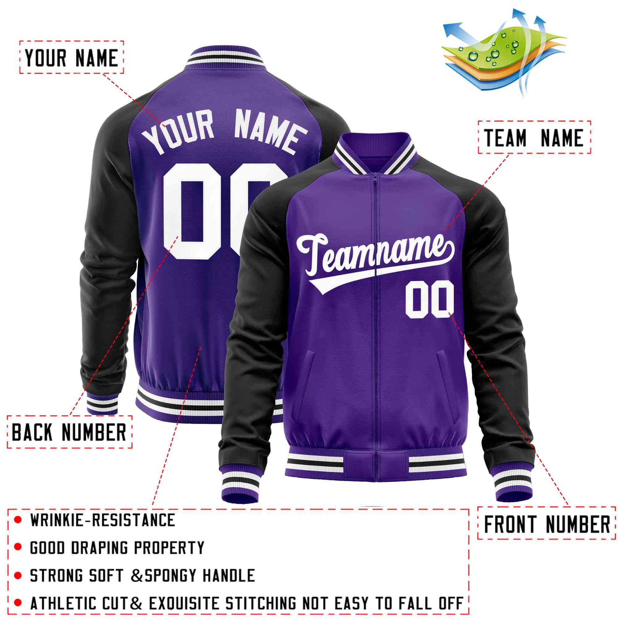 Custom Purple Black Varsity Full-Zip Raglan Sleeves Letterman Baseball Jacket