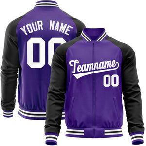 Custom Purple Black Varsity Full-Zip Raglan Sleeves Letterman Baseball Jacket