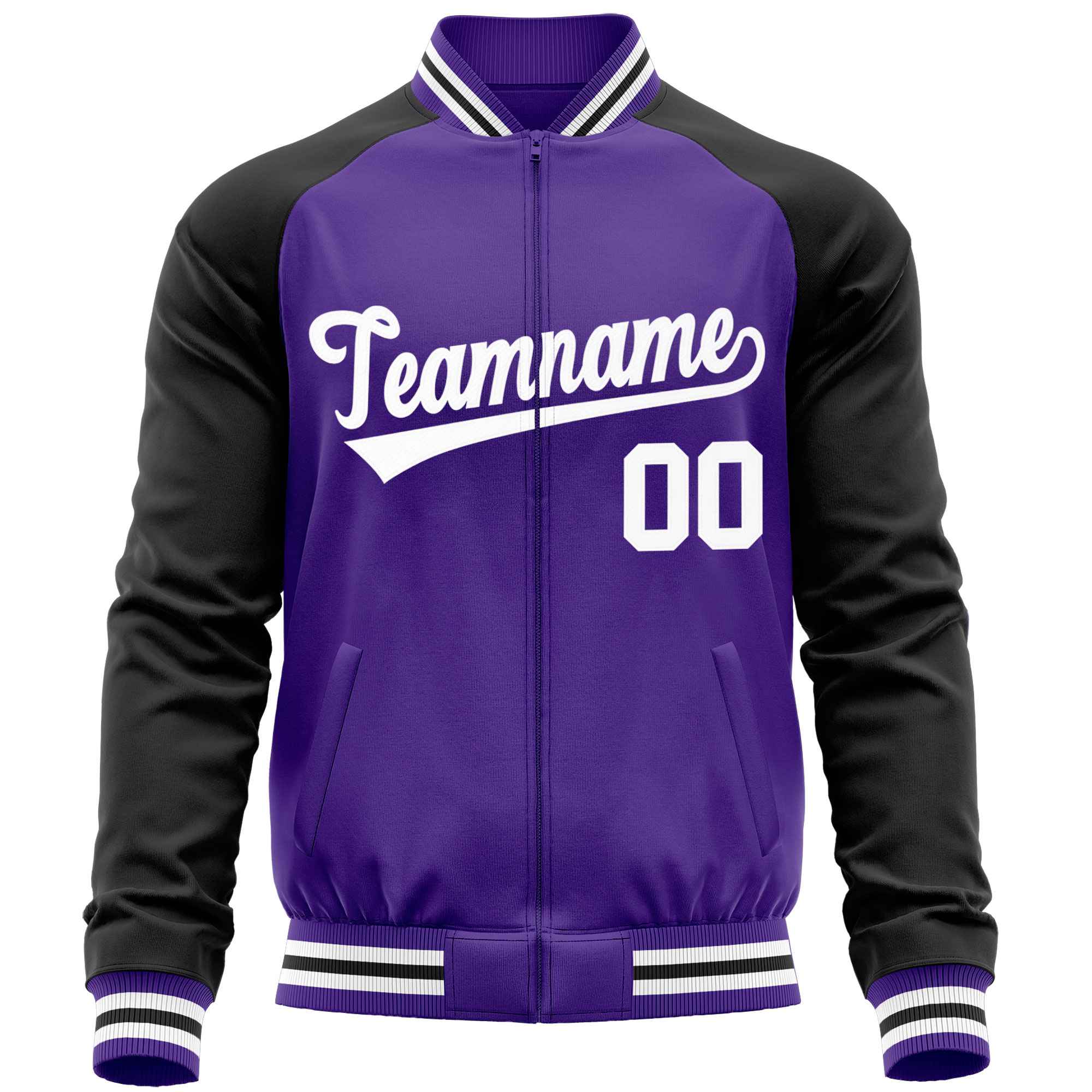 Custom Purple Black Varsity Full-Zip Raglan Sleeves Letterman Baseball Jacket