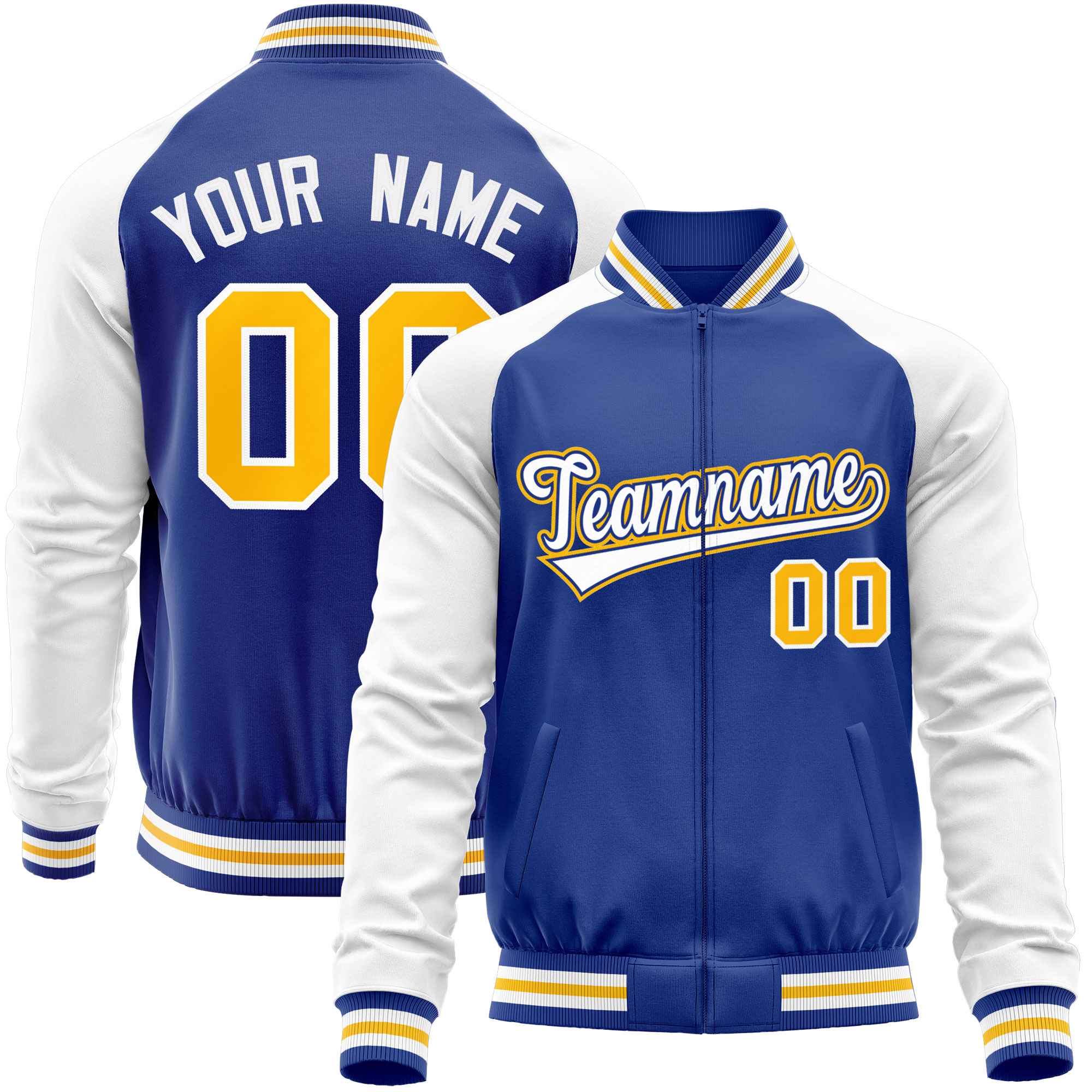 Custom Royal White Varsity Full-Zip Raglan Sleeves Letterman Baseball Jacket