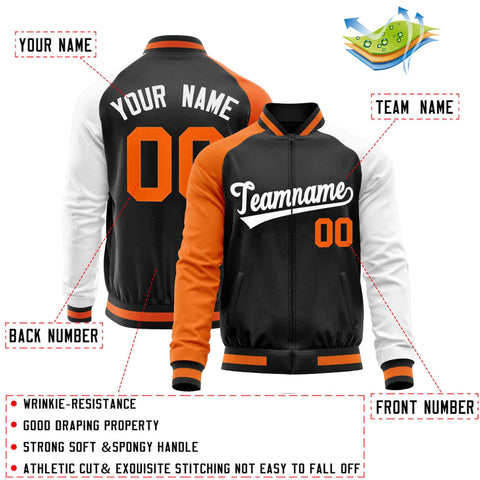 Custom Black White-Orange Varsity Full-Zip Raglan Sleeves Letterman Baseball Jacket