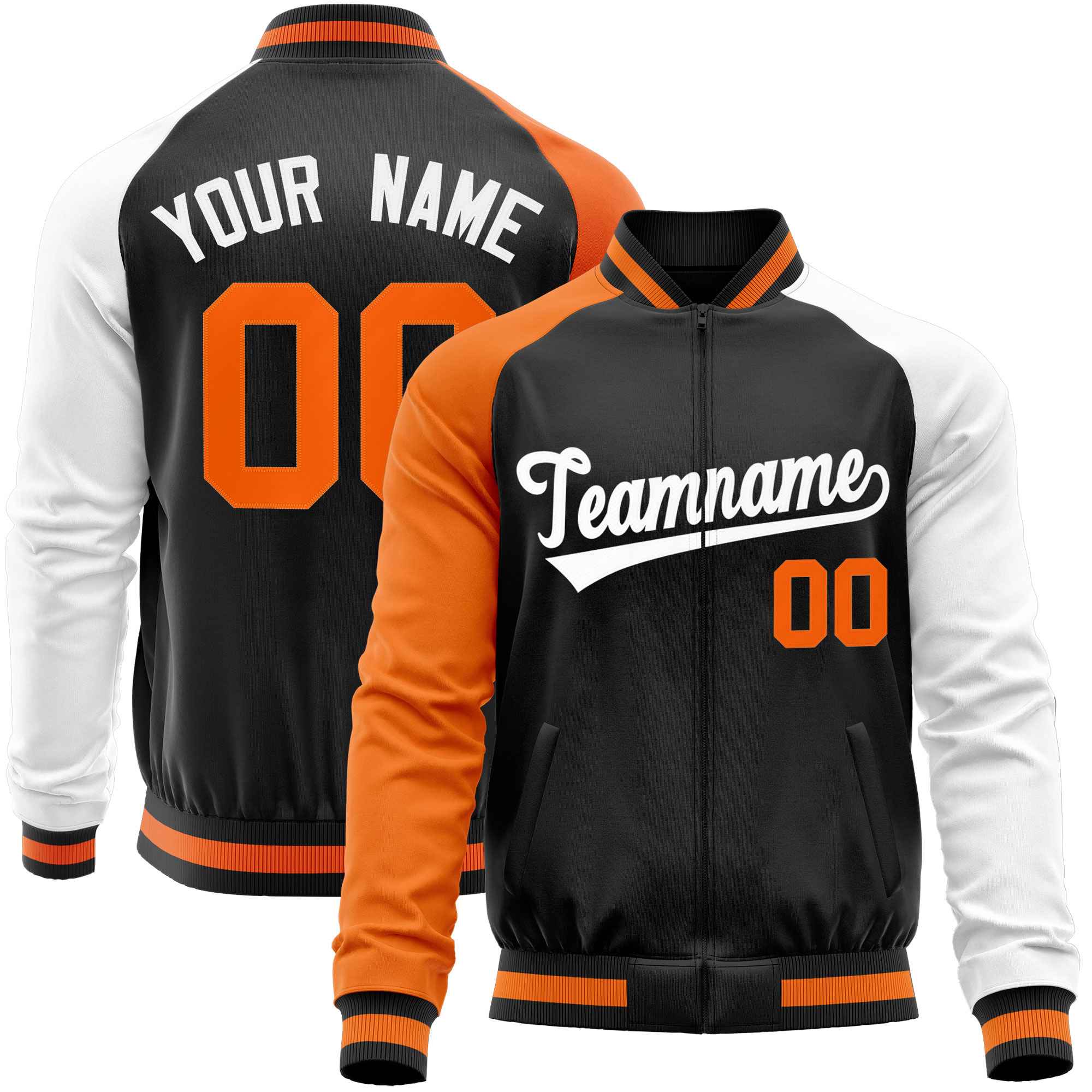 Custom Black White-Orange Varsity Full-Zip Raglan Sleeves Letterman Baseball Jacket