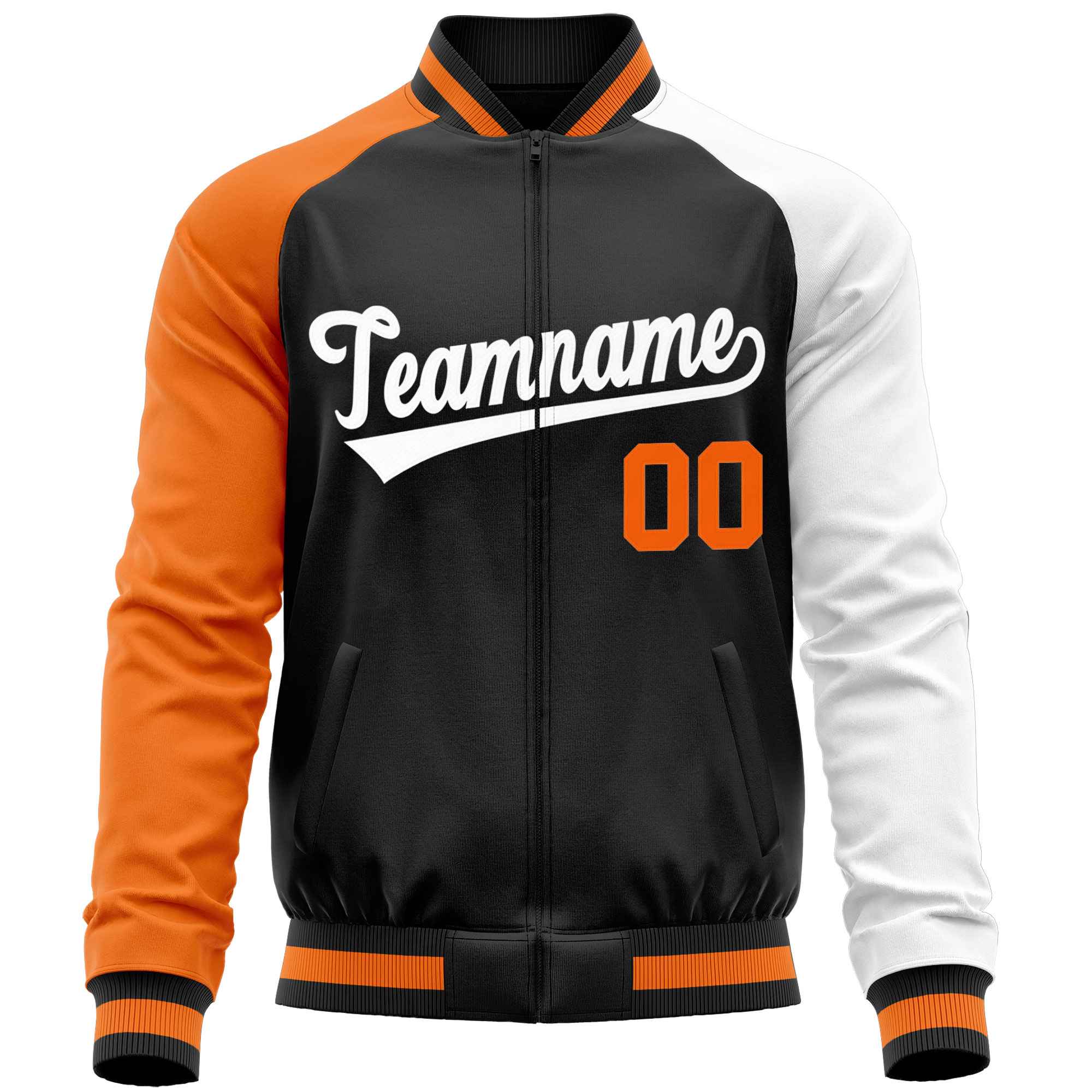 Custom Black White-Orange Varsity Full-Zip Raglan Sleeves Letterman Baseball Jacket