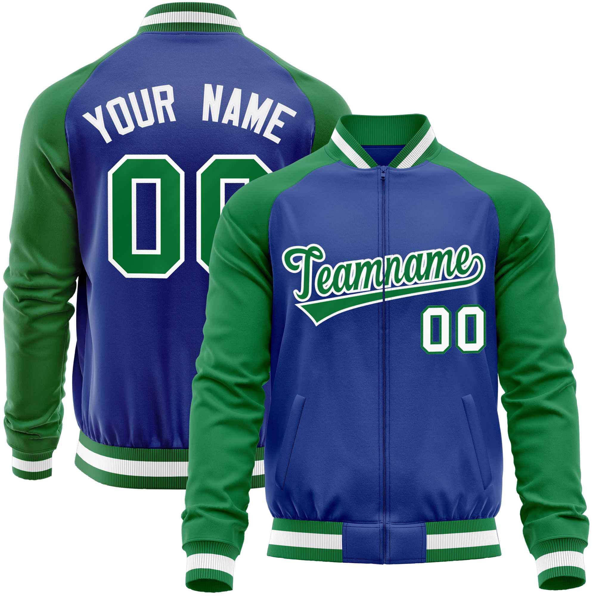 Custom Royal Kelly Green Varsity Full-Zip Raglan Sleeves Letterman Baseball Jacket