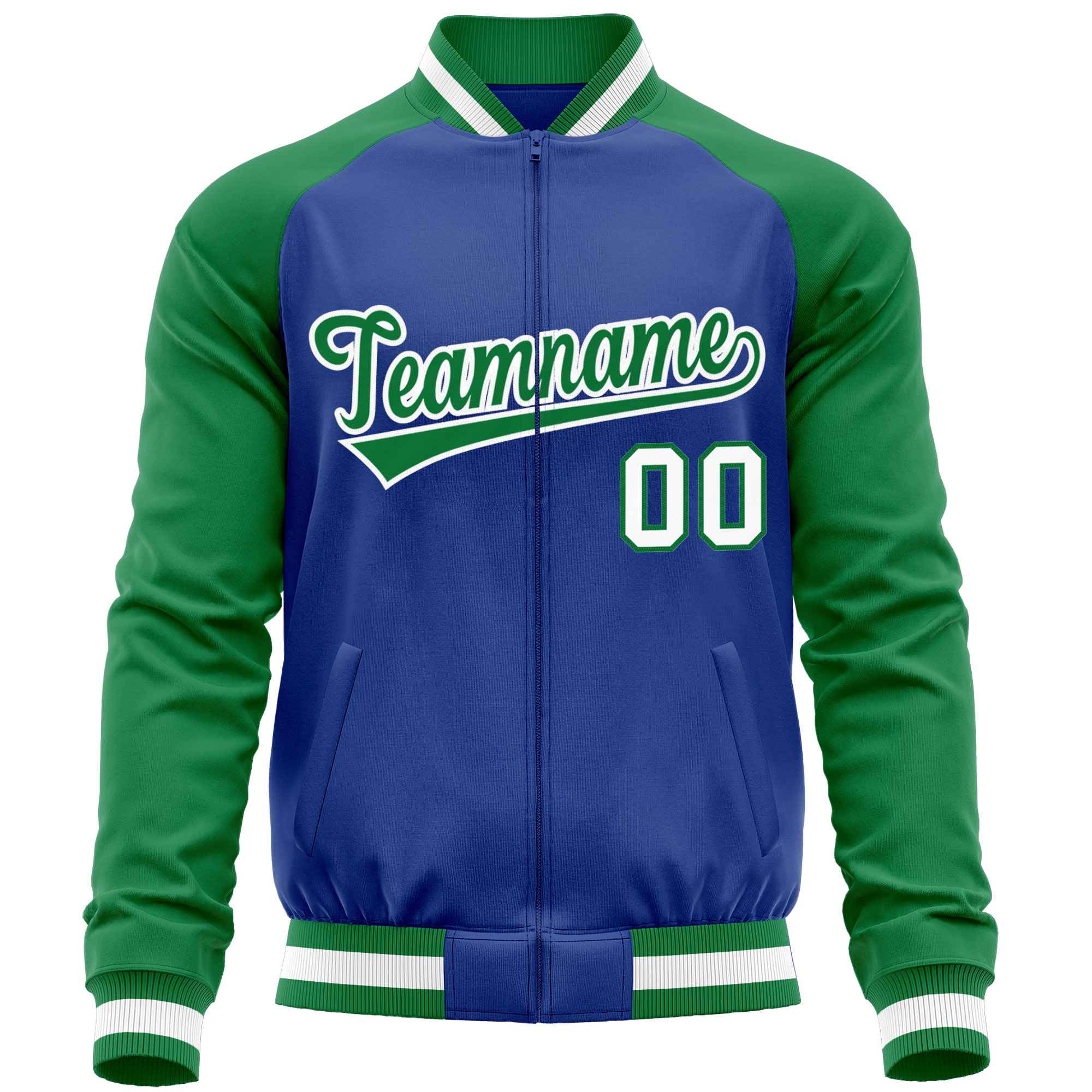 Custom Royal Kelly Green Varsity Full-Zip Raglan Sleeves Letterman Baseball Jacket