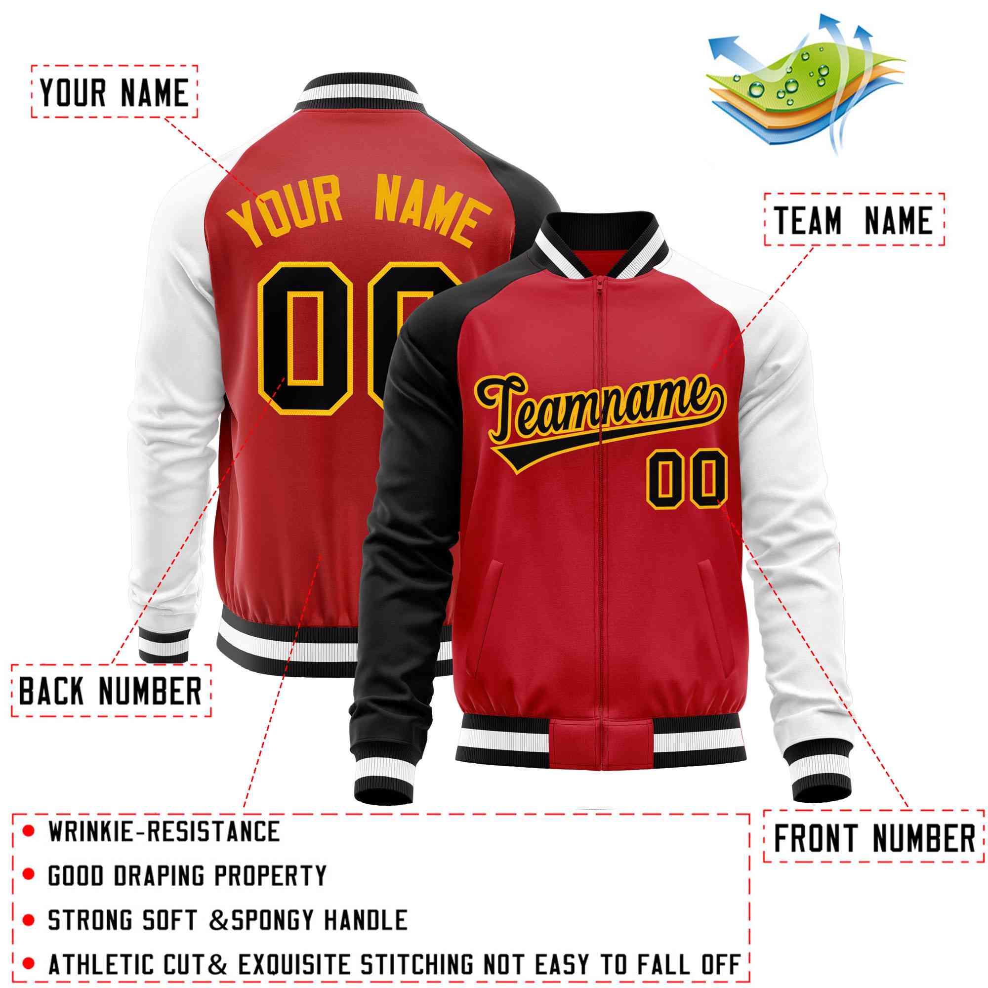 Custom Red White-Black Varsity Full-Zip Raglan Sleeves Letterman Baseball Jacket