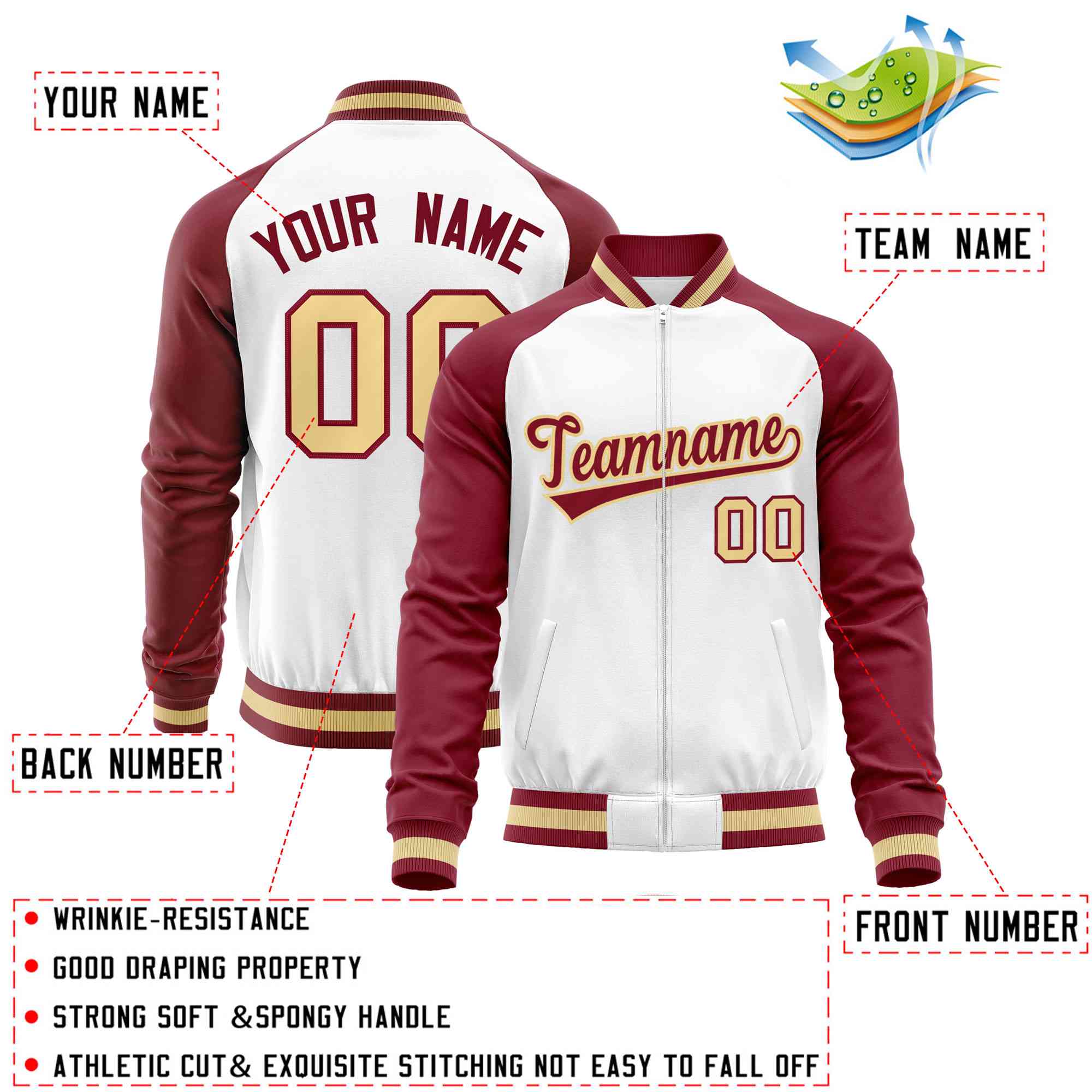 Custom White Crimson Varsity Full-Zip Raglan Sleeves Letterman Baseball Jacket