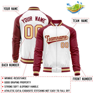 Custom White Crimson Varsity Full-Zip Raglan Sleeves Letterman Baseball Jacket