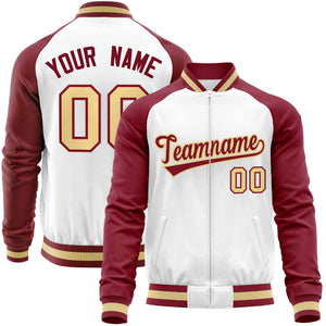 Custom White Crimson Varsity Full-Zip Raglan Sleeves Letterman Baseball Jacket