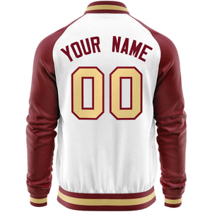 Custom White Crimson Varsity Full-Zip Raglan Sleeves Letterman Baseball Jacket