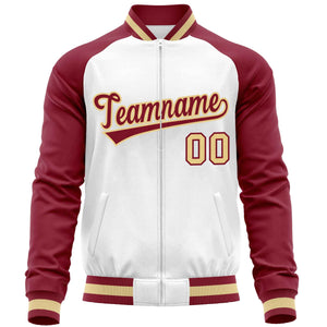 Custom White Crimson Varsity Full-Zip Raglan Sleeves Letterman Baseball Jacket