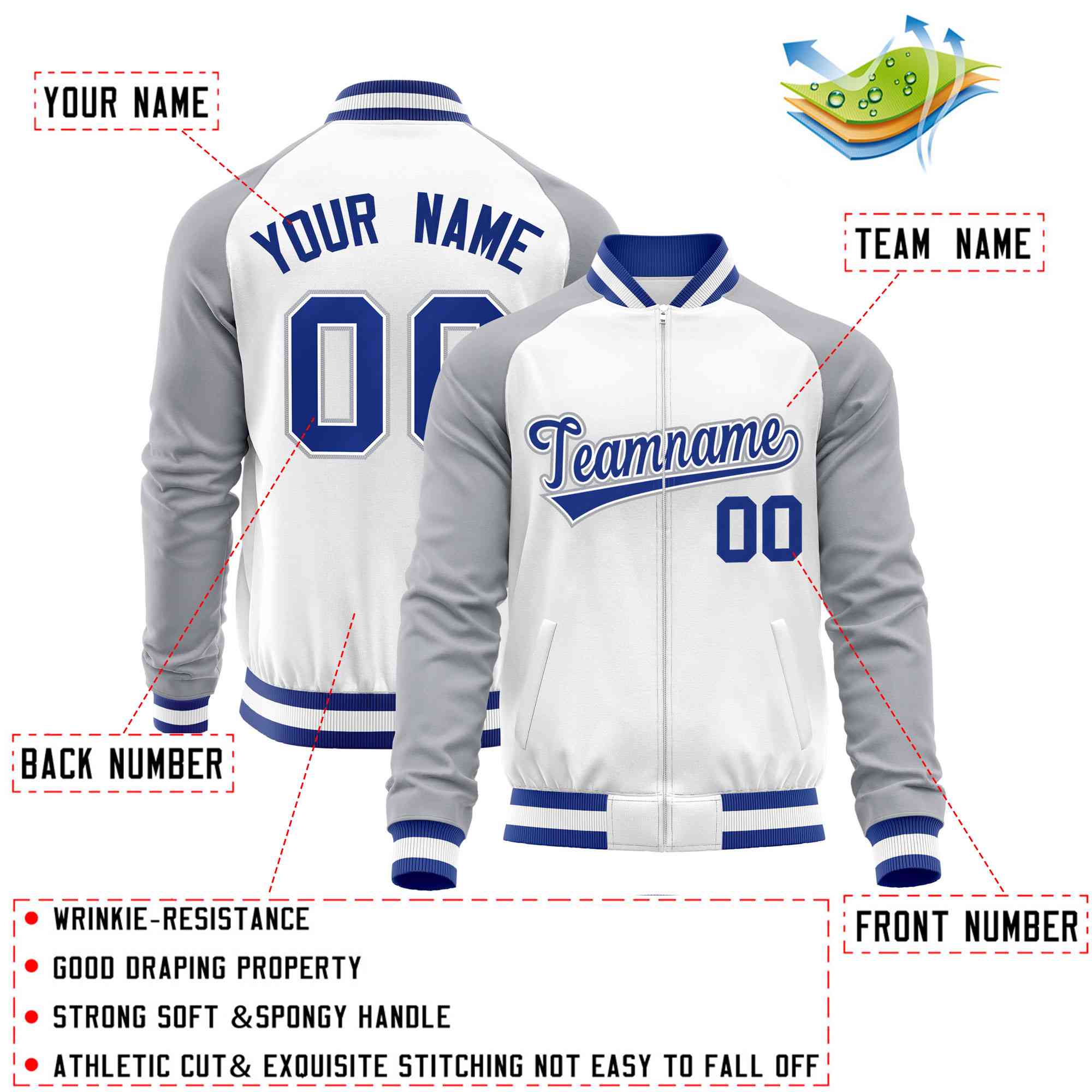 Custom White Gray Varsity Full-Zip Raglan Sleeves Letterman Baseball Jacket