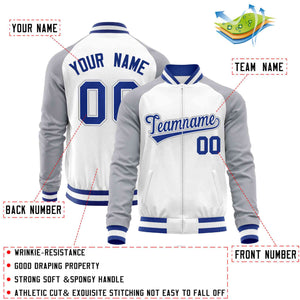 Custom White Gray Varsity Full-Zip Raglan Sleeves Letterman Baseball Jacket