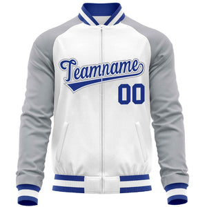 Custom White Gray Varsity Full-Zip Raglan Sleeves Letterman Baseball Jacket