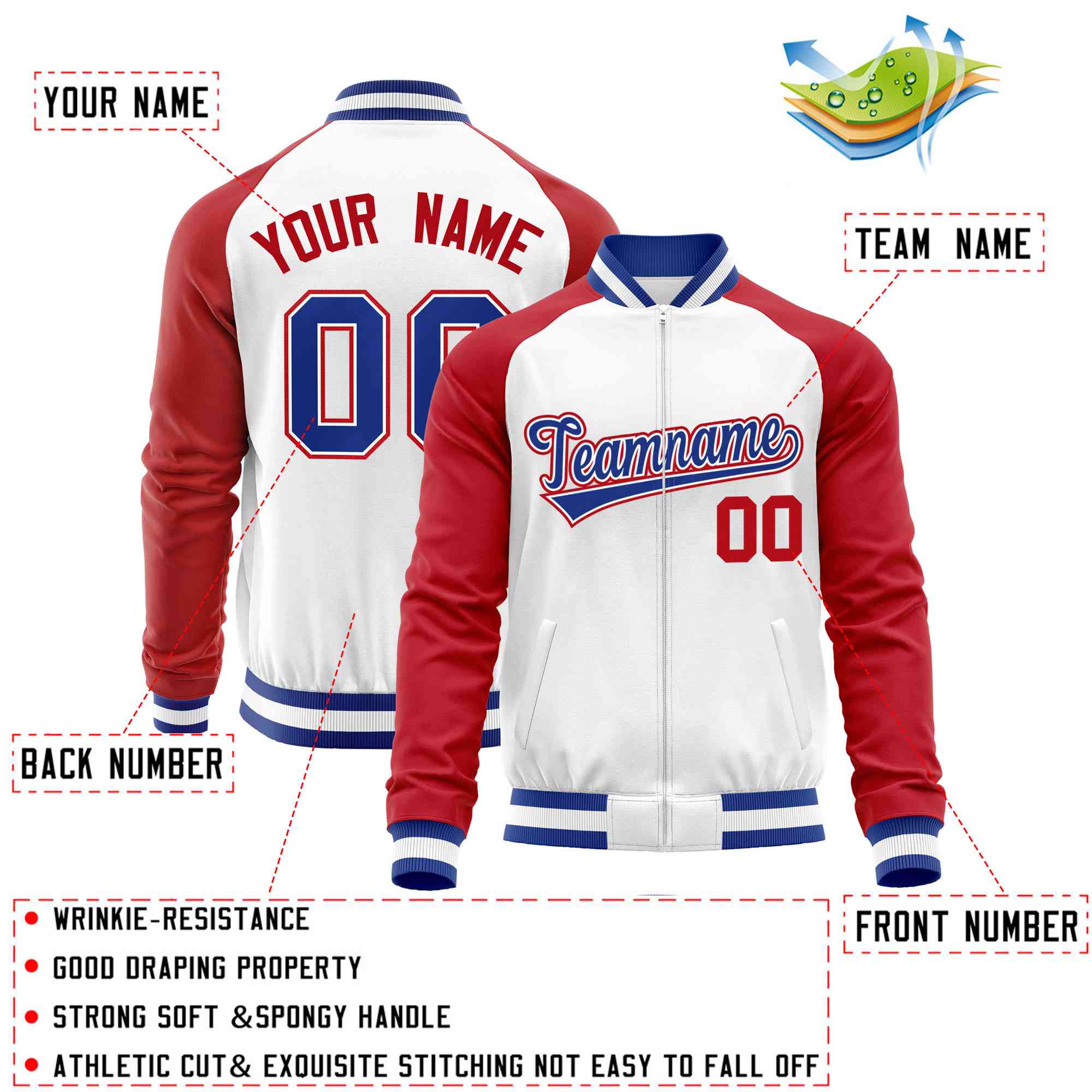 Custom White Red Varsity Full-Zip Raglan Sleeves Letterman Baseball Jacket