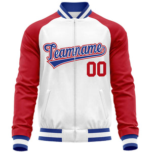 Custom White Red Varsity Full-Zip Raglan Sleeves Letterman Baseball Jacket