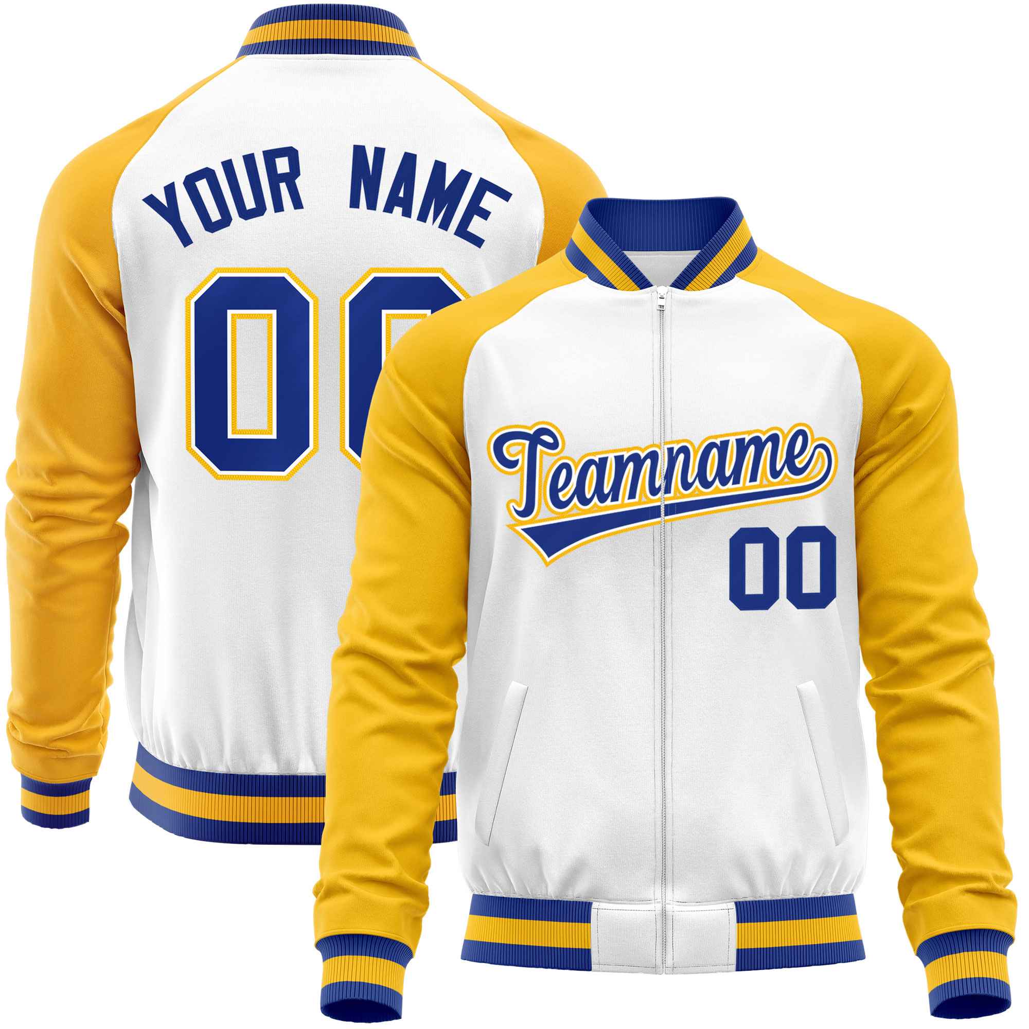 Custom White Yellow Varsity Full-Zip Raglan Sleeves Letterman Baseball Jacket