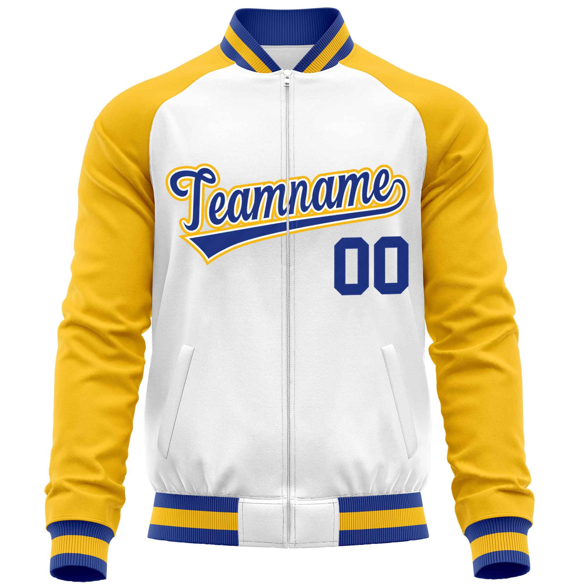 Custom White Yellow Varsity Full-Zip Raglan Sleeves Letterman Baseball Jacket