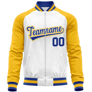 Custom White Yellow Varsity Full-Zip Raglan Sleeves Letterman Baseball Jacket