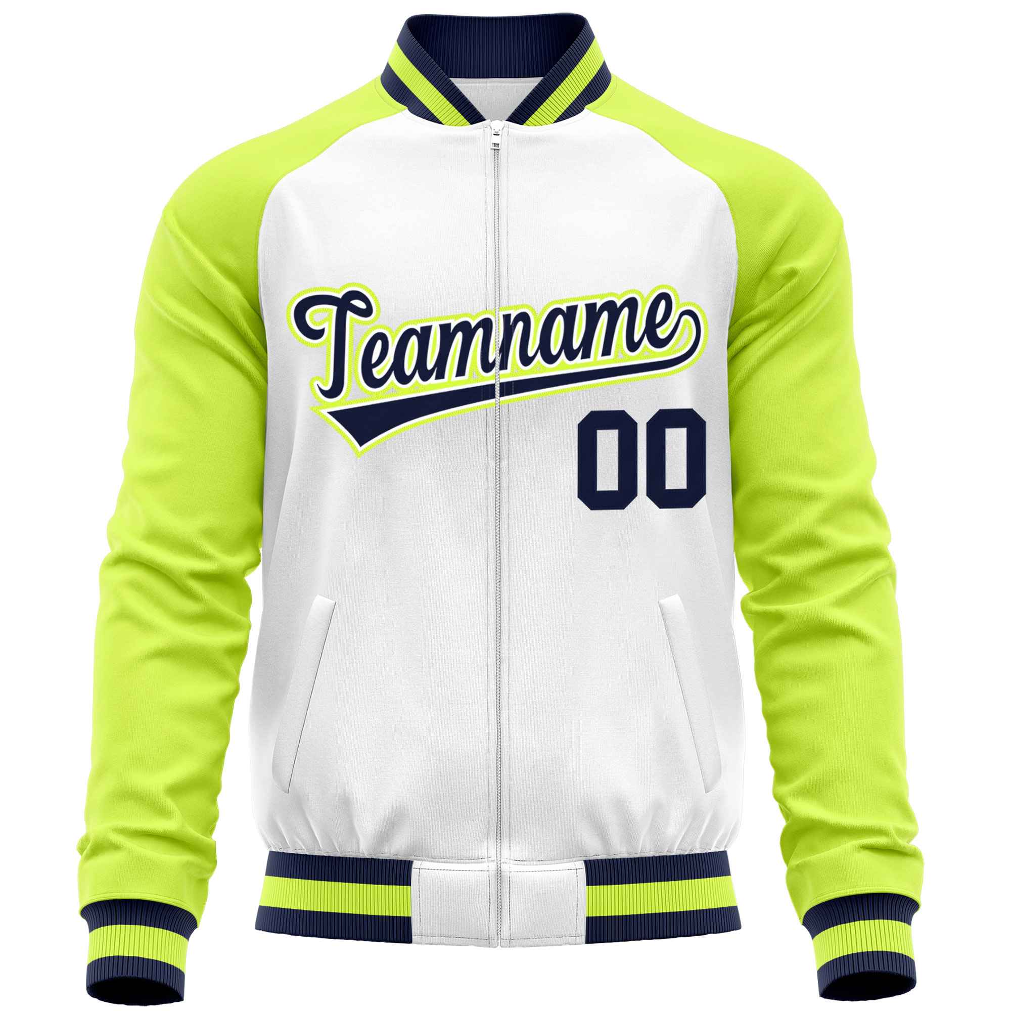 Custom White Neon Green Varsity Full-Zip Raglan Sleeves Letterman Baseball Jacket