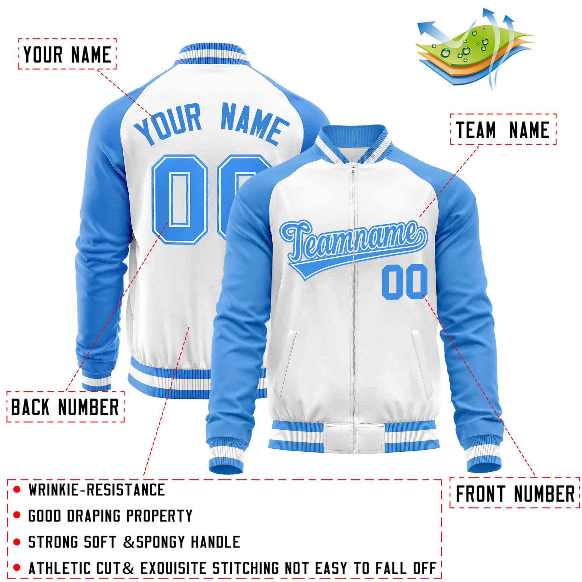 Custom White Powder Blue Varsity Full-Zip Raglan Sleeves Letterman Baseball Jacket