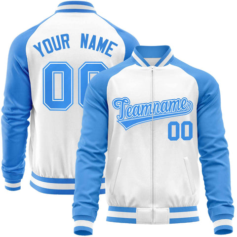 Custom White Powder Blue Varsity Full-Zip Raglan Sleeves Letterman Baseball Jacket
