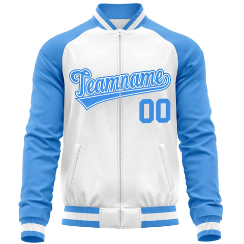 Custom White Powder Blue Varsity Full-Zip Raglan Sleeves Letterman Baseball Jacket
