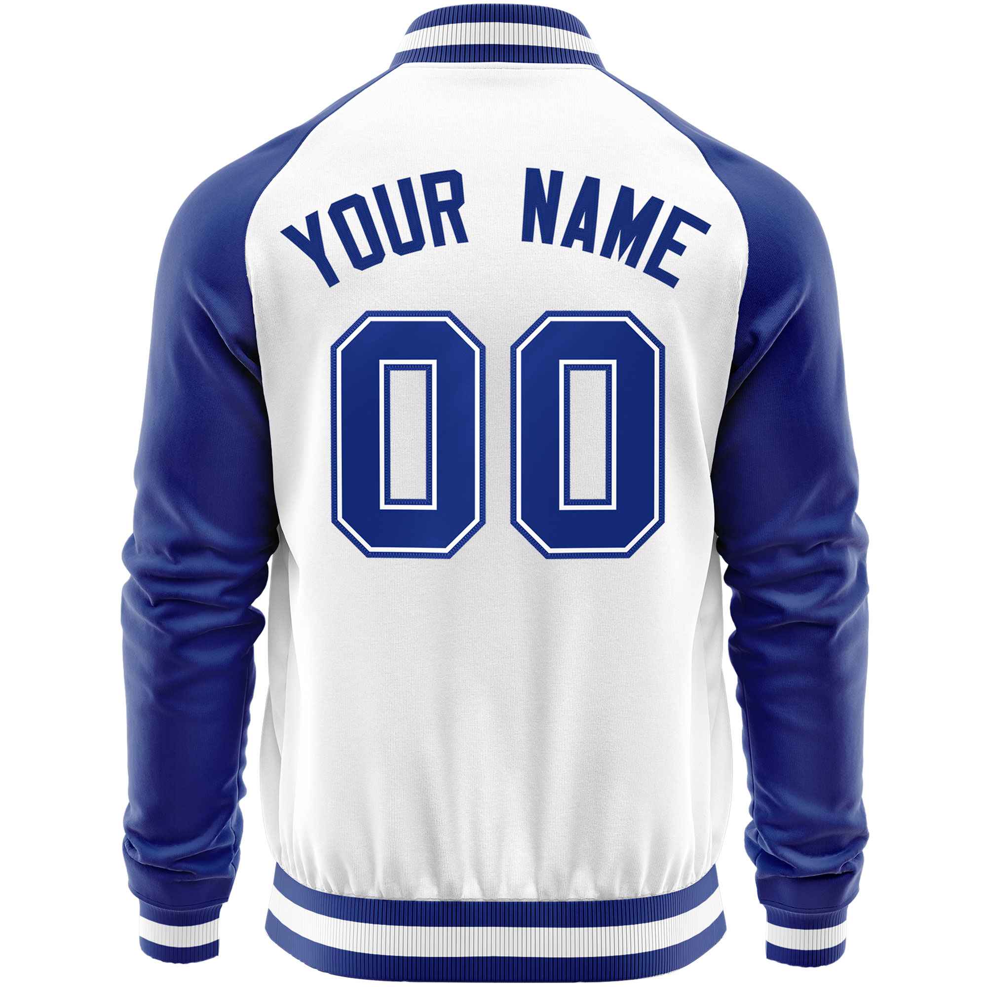 Custom White Royal Varsity Full-Zip Raglan Sleeves Letterman Baseball Jacket