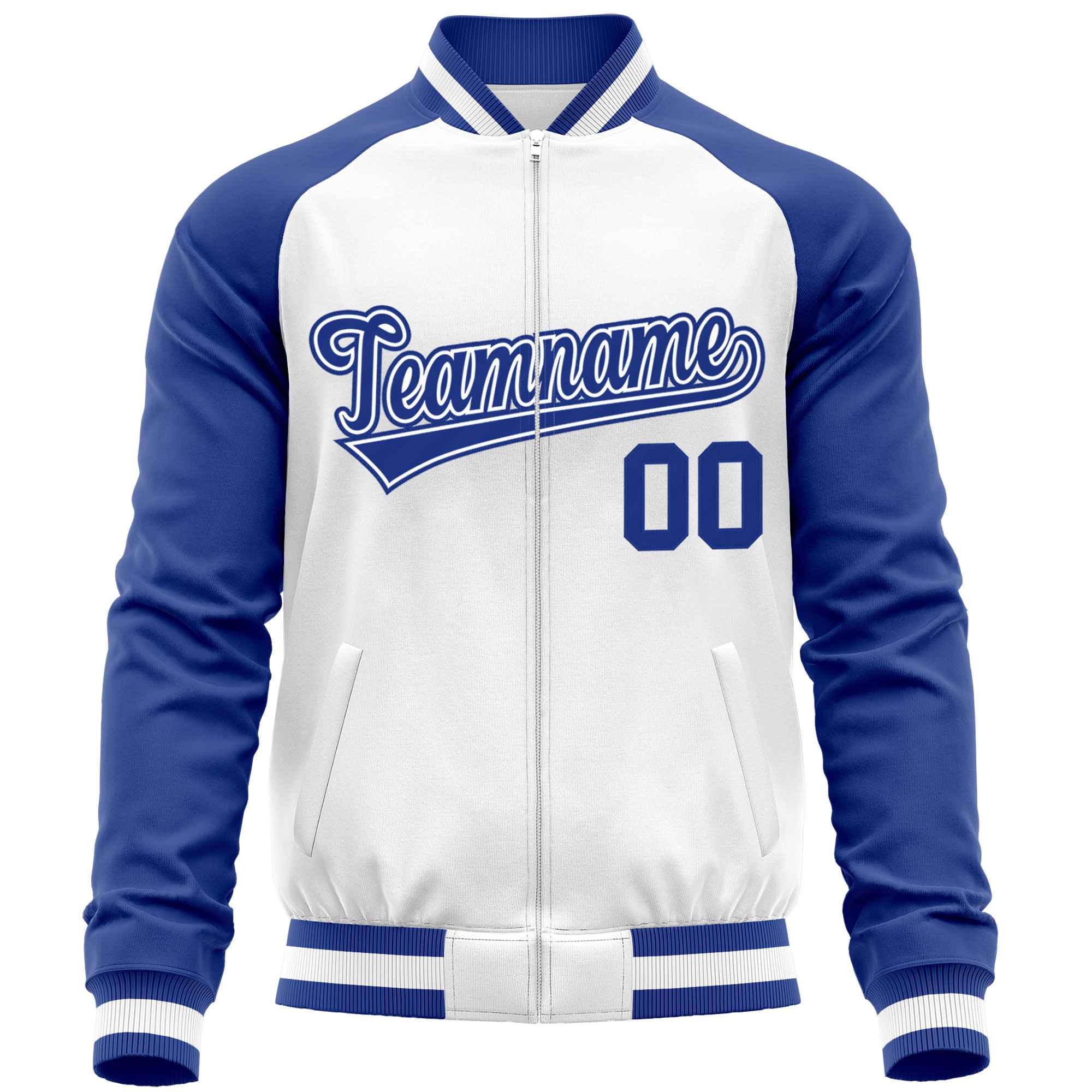 Custom White Royal Varsity Full-Zip Raglan Sleeves Letterman Baseball Jacket