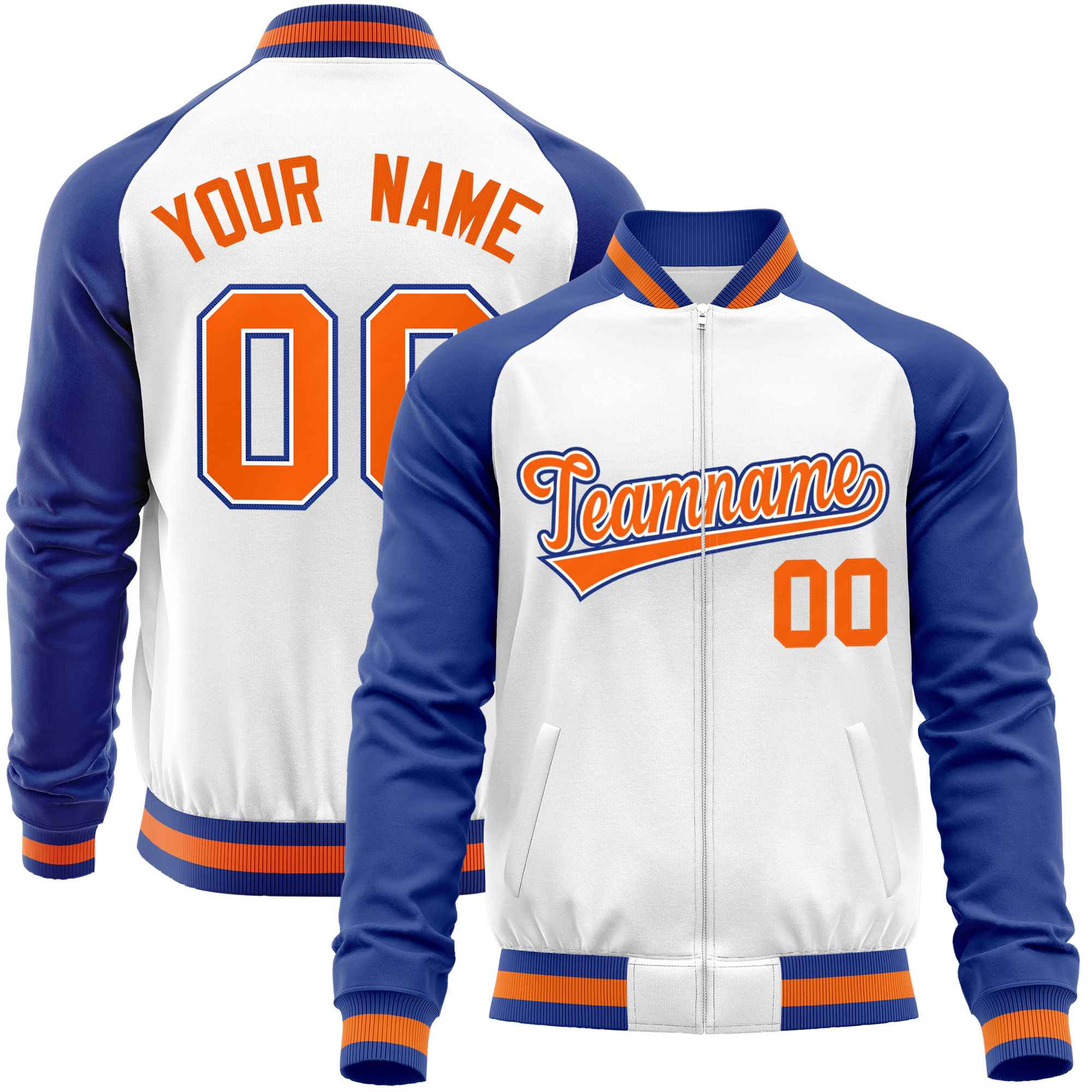 Custom White Royal Varsity Full-Zip Raglan Sleeves Letterman Baseball Jacket