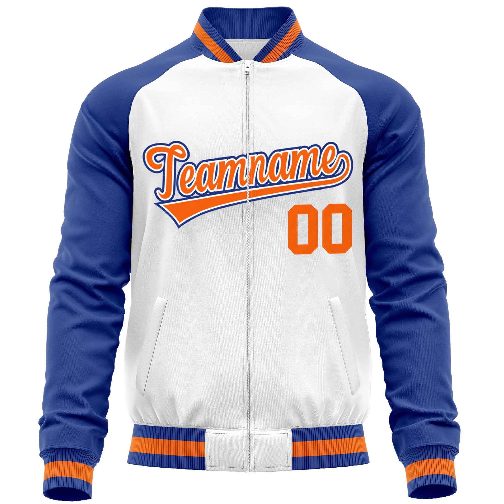 Custom White Royal Varsity Full-Zip Raglan Sleeves Letterman Baseball Jacket