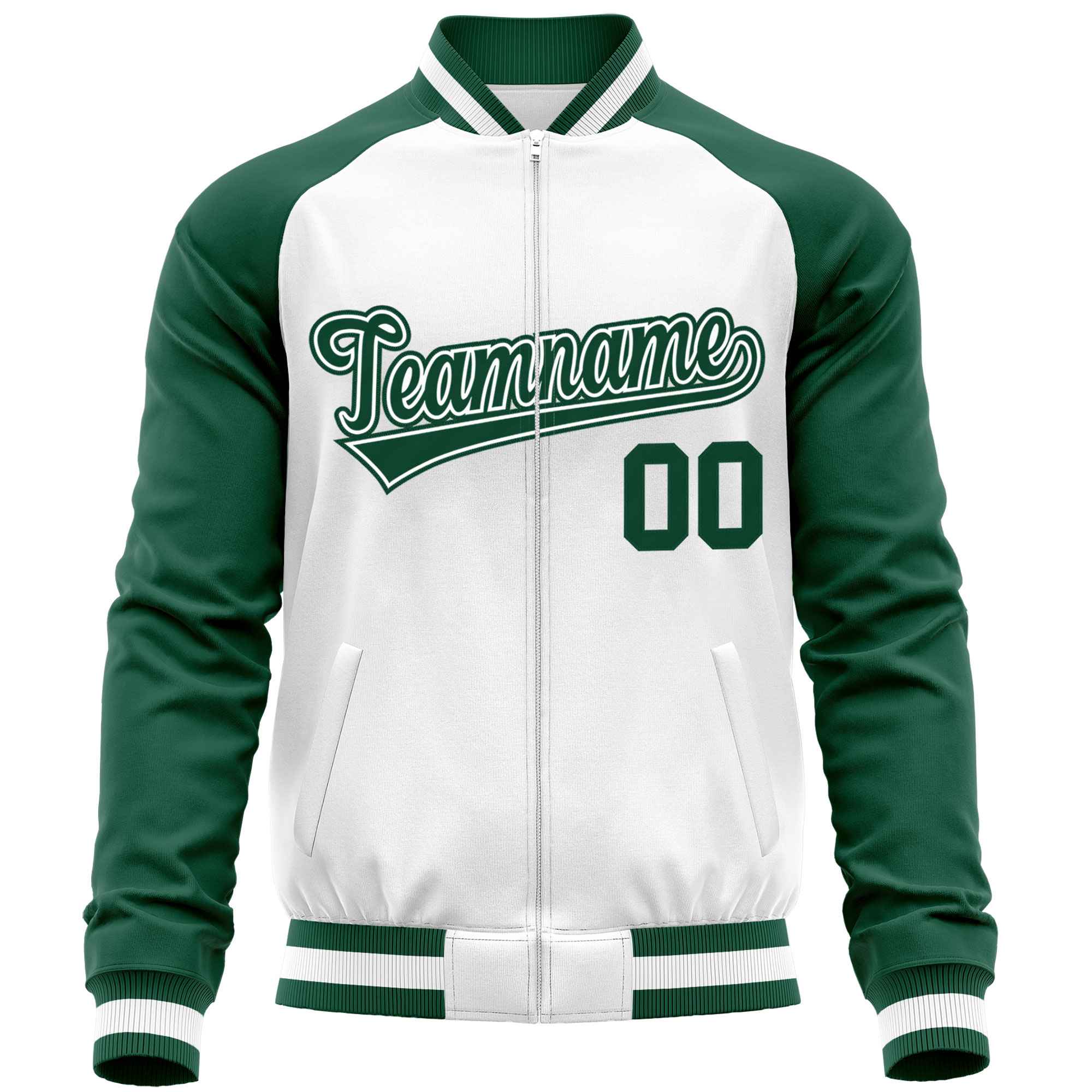 Custom White Green Varsity Full-Zip Raglan Sleeves Letterman Baseball Jacket