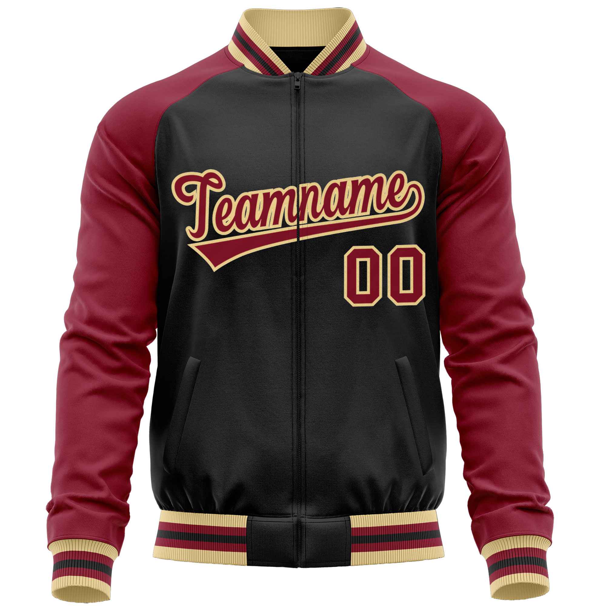 Custom Black Crimson Varsity Full-Zip Raglan Sleeves Letterman Baseball Jacket