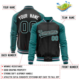 Custom Black Aqua Varsity Full-Zip Raglan Sleeves Letterman Baseball Jacket