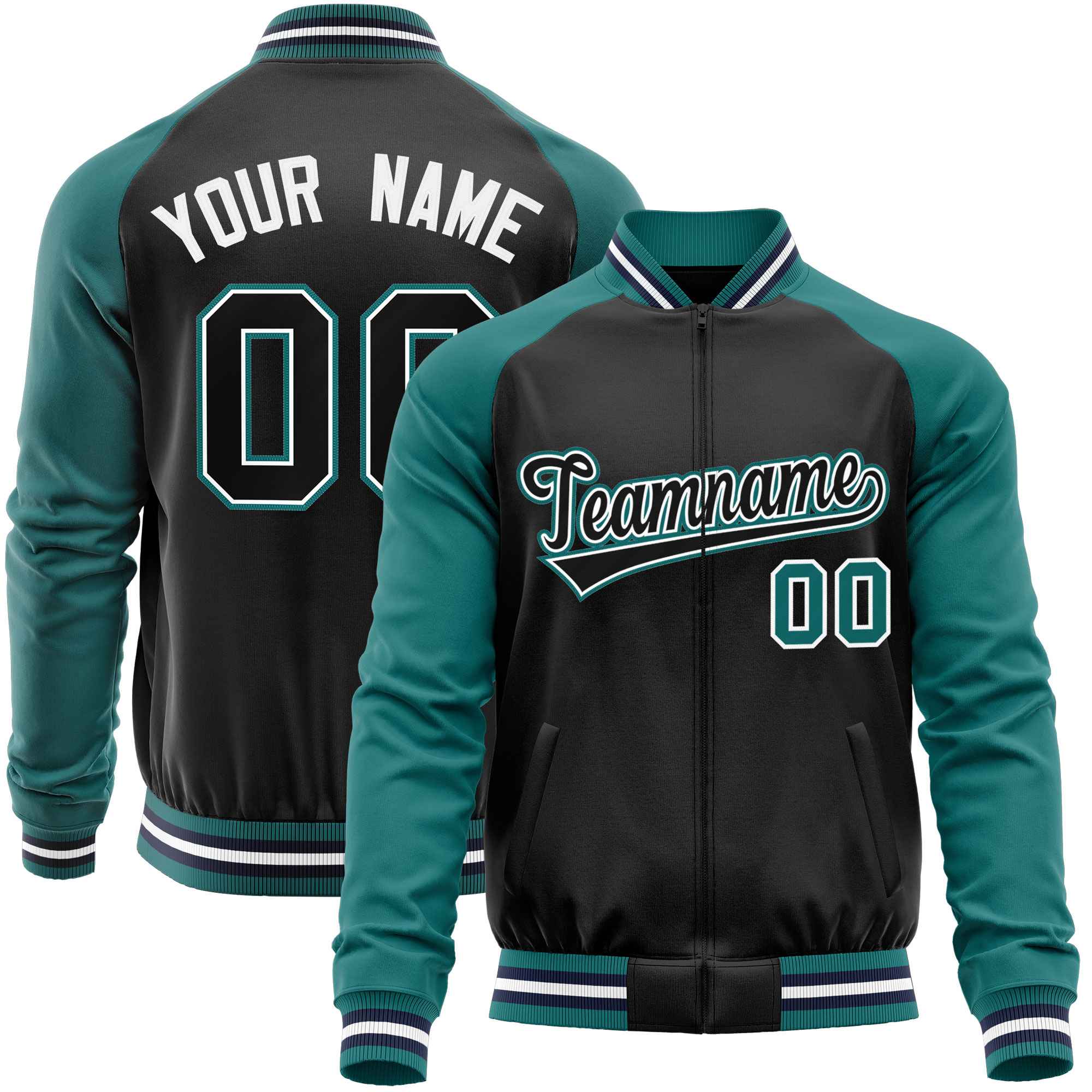 Custom Black Aqua Varsity Full-Zip Raglan Sleeves Letterman Baseball Jacket