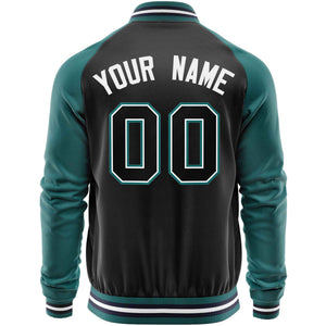 Custom Black Aqua Varsity Full-Zip Raglan Sleeves Letterman Baseball Jacket