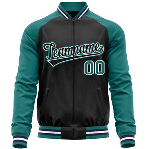 Custom Black Aqua Varsity Full-Zip Raglan Sleeves Letterman Baseball Jacket