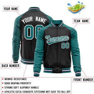 Custom Black Aqua Varsity Full-Zip Raglan Sleeves Letterman Baseball Jacket