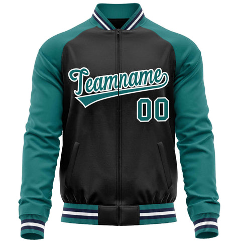 Custom Black Aqua Varsity Full-Zip Raglan Sleeves Letterman Baseball Jacket