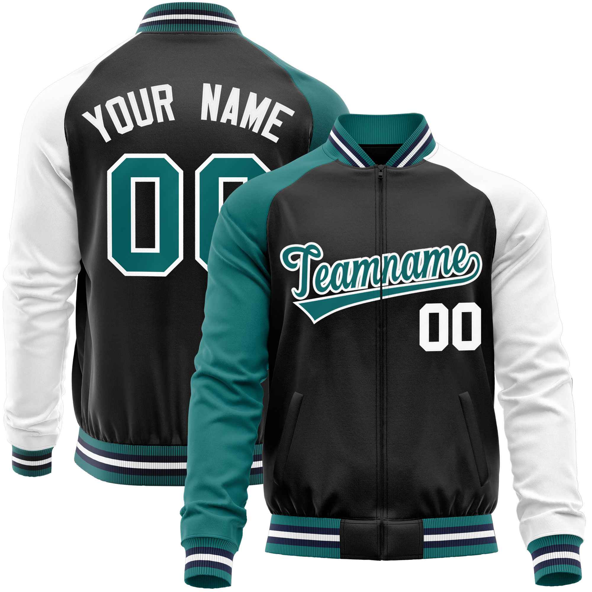 Custom Black White-Aqua Varsity Full-Zip Raglan Sleeves Letterman Baseball Jacket