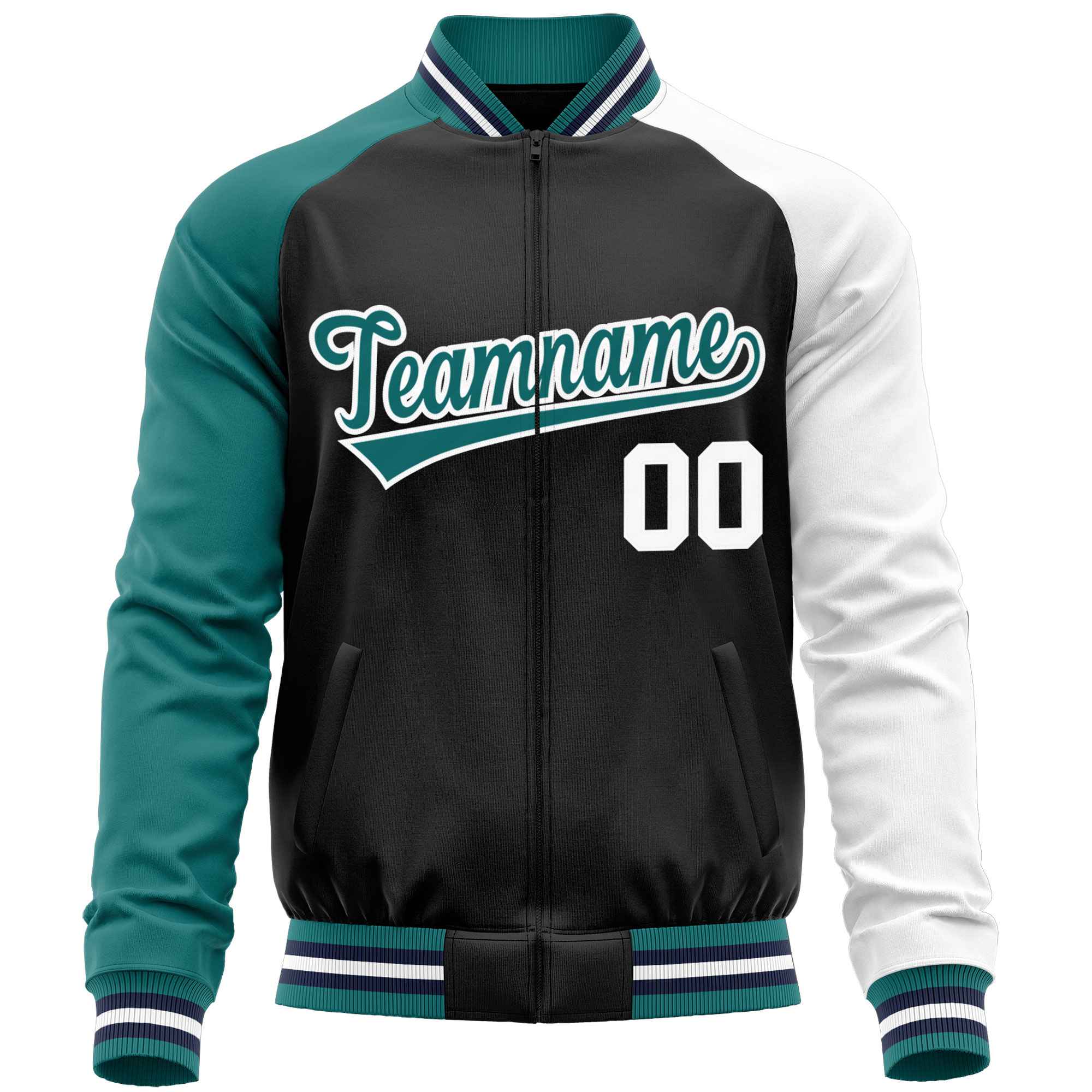 Custom Black White-Aqua Varsity Full-Zip Raglan Sleeves Letterman Baseball Jacket