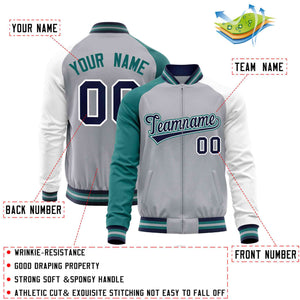 Custom Gray White-Aqua Varsity Full-Zip Raglan Sleeves Letterman Baseball Jacket