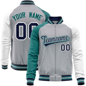 Custom Gray White-Aqua Varsity Full-Zip Raglan Sleeves Letterman Baseball Jacket