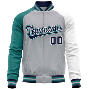 Custom Gray White-Aqua Varsity Full-Zip Raglan Sleeves Letterman Baseball Jacket