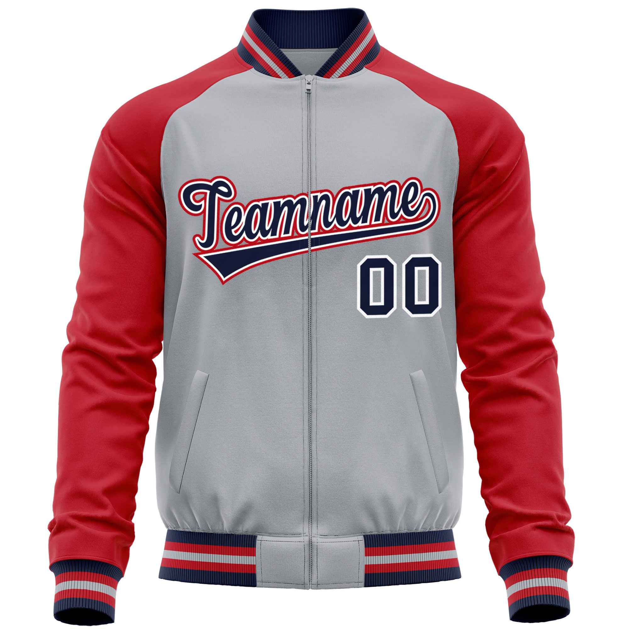 Custom Gray Red Varsity Full-Zip Raglan Sleeves Letterman Baseball Jacket