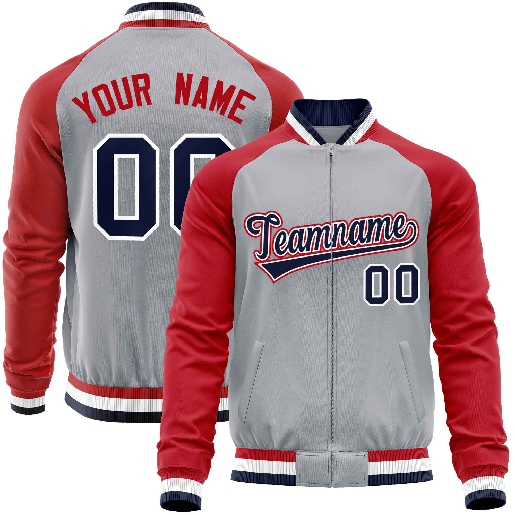 Custom Gray Red Varsity Full-Zip Raglan Sleeves Letterman Baseball Jacket