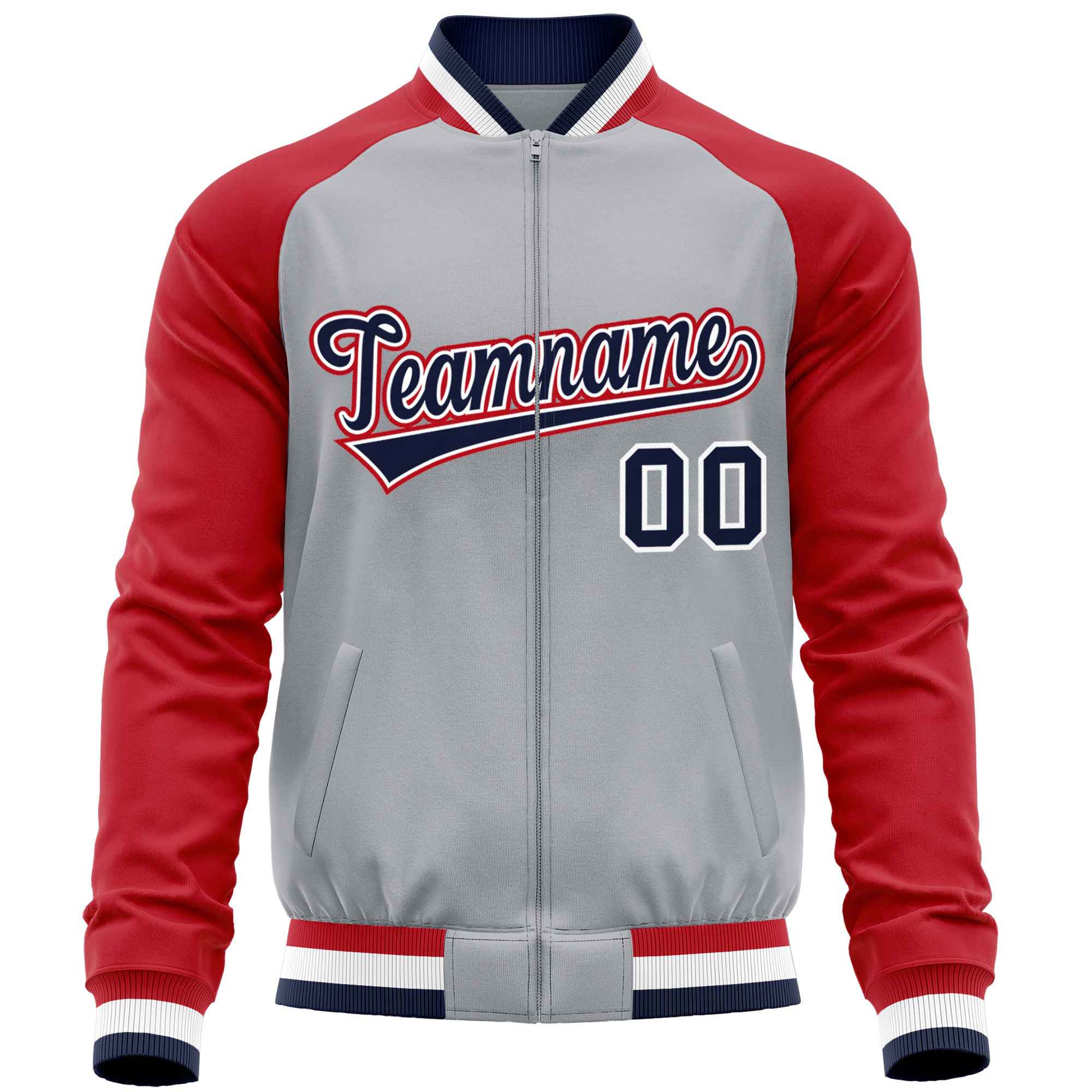 Custom Gray Red Varsity Full-Zip Raglan Sleeves Letterman Baseball Jacket