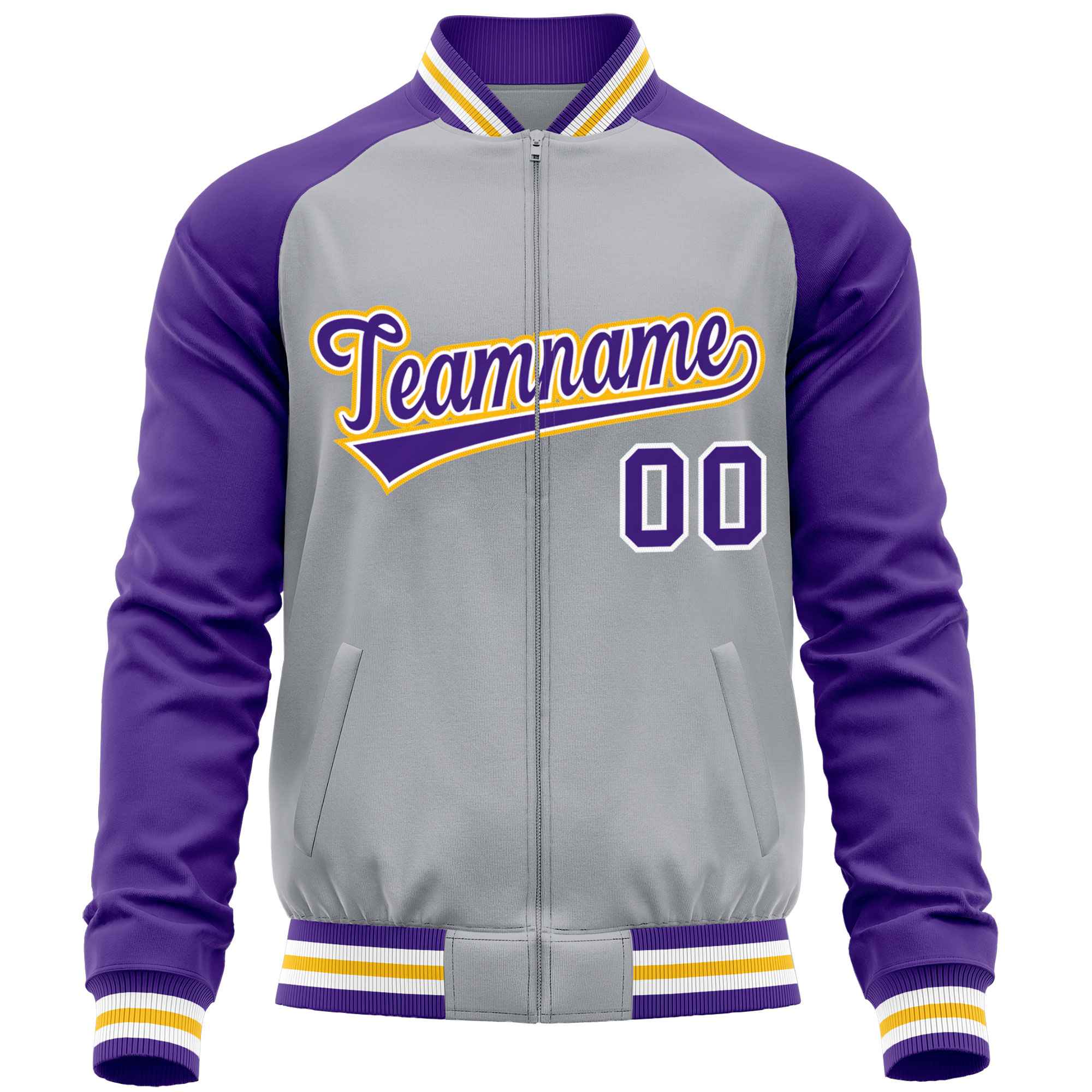 Custom Gray Purple Varsity Full-Zip Raglan Sleeves Letterman Baseball Jacket