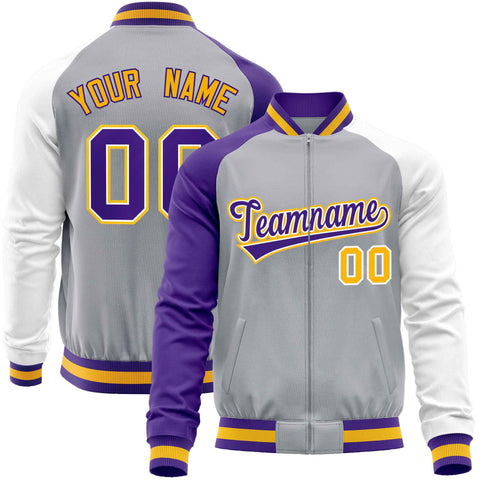 Custom Gray White-Purple Varsity Full-Zip Raglan Sleeves Letterman Baseball Jacket