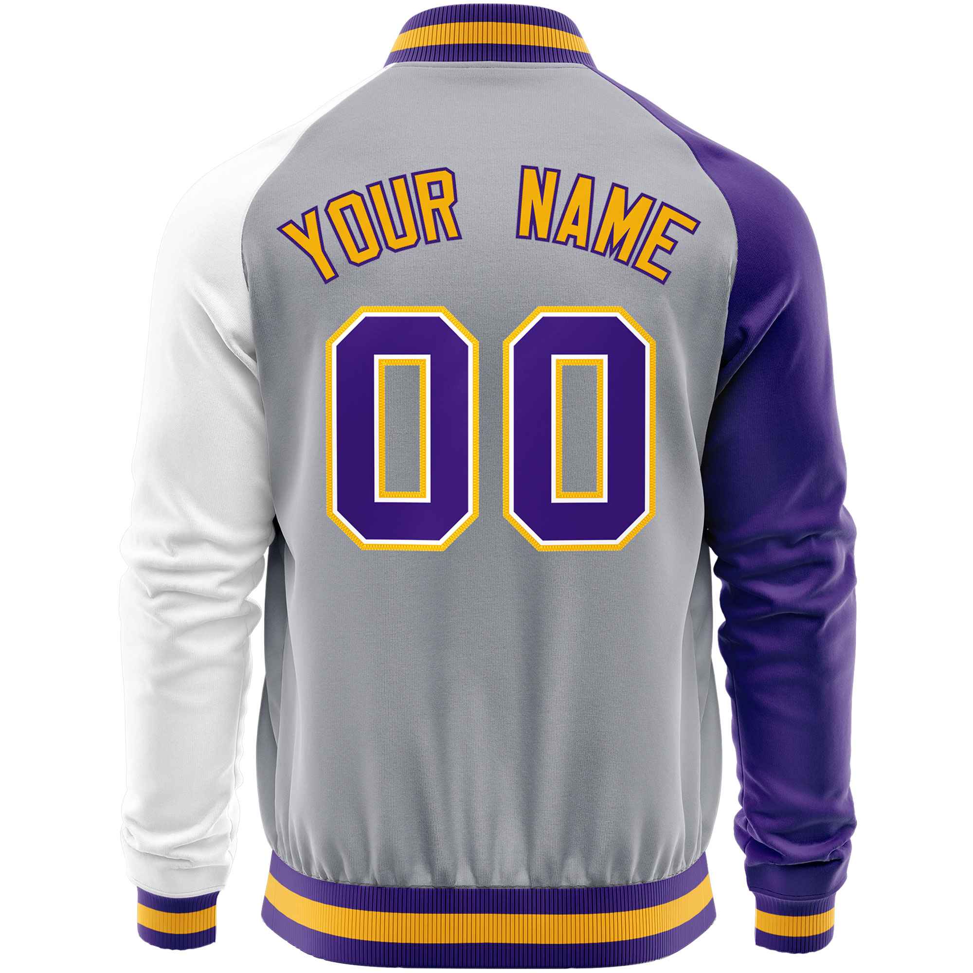 Custom Gray White-Purple Varsity Full-Zip Raglan Sleeves Letterman Baseball Jacket